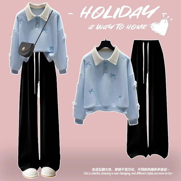 2025秋款女童套装10-15岁蝴蝶结翻领卫衣阔腿长裤少女韩范学院风