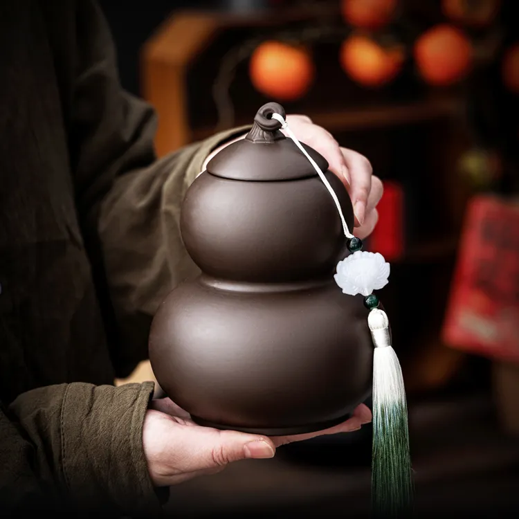 紫砂茶叶罐陶瓷密封罐半斤装红绿茶叶储存罐创意一体葫芦茶罐定制