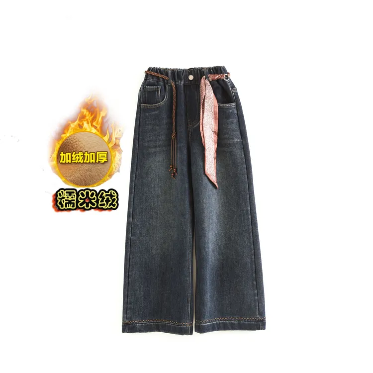 冬季糯米绒耿秀工艺*百搭款女童加厚加绒牛仔直筒裤（无腰带）28917