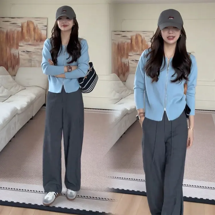 小个子盐系少女风气质穿搭秋季显瘦双头拉链长袖上衣休闲裤子