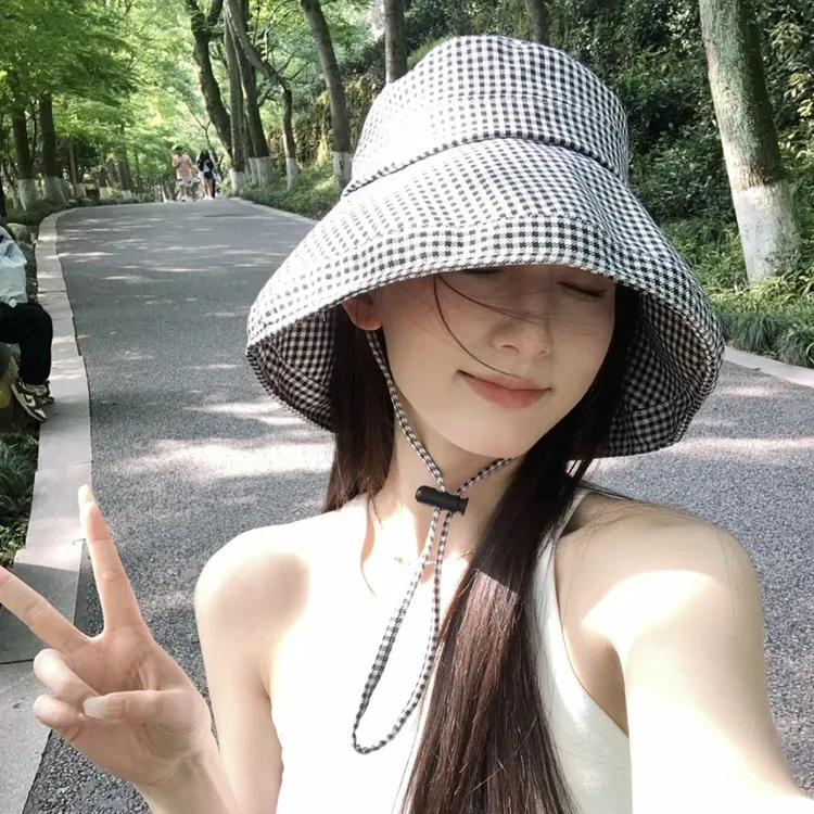 大檐防晒遮阳渔夫帽女春夏2025新款千格鸟户外透气防紫外线太阳帽