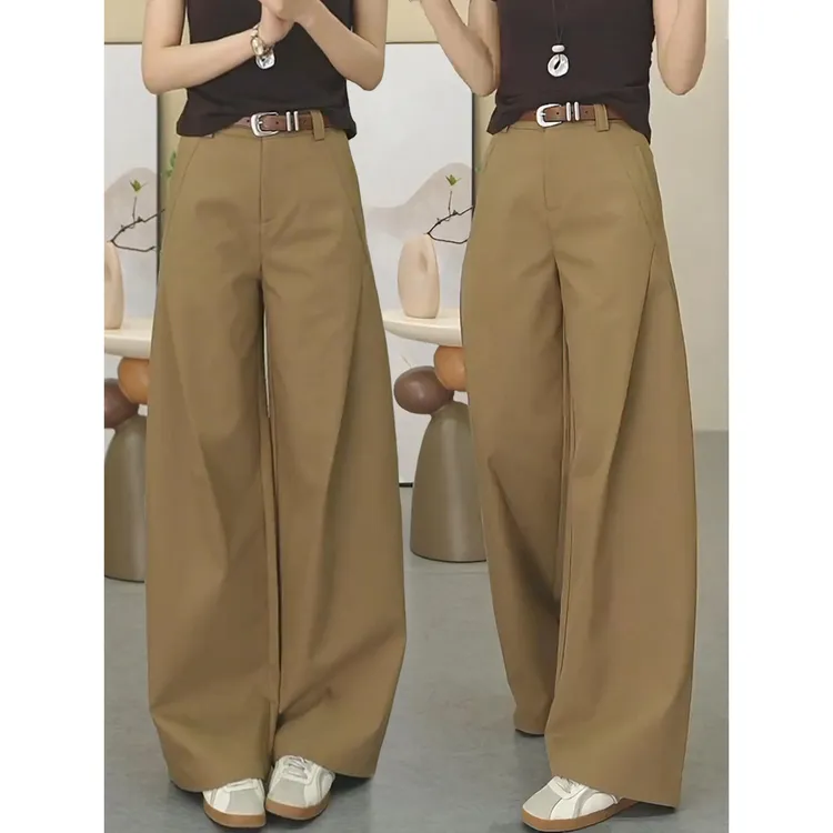 卡其色阔腿裤女春秋季2025新款压褶风笛裤高腰休闲慵懒风弯刀裤子