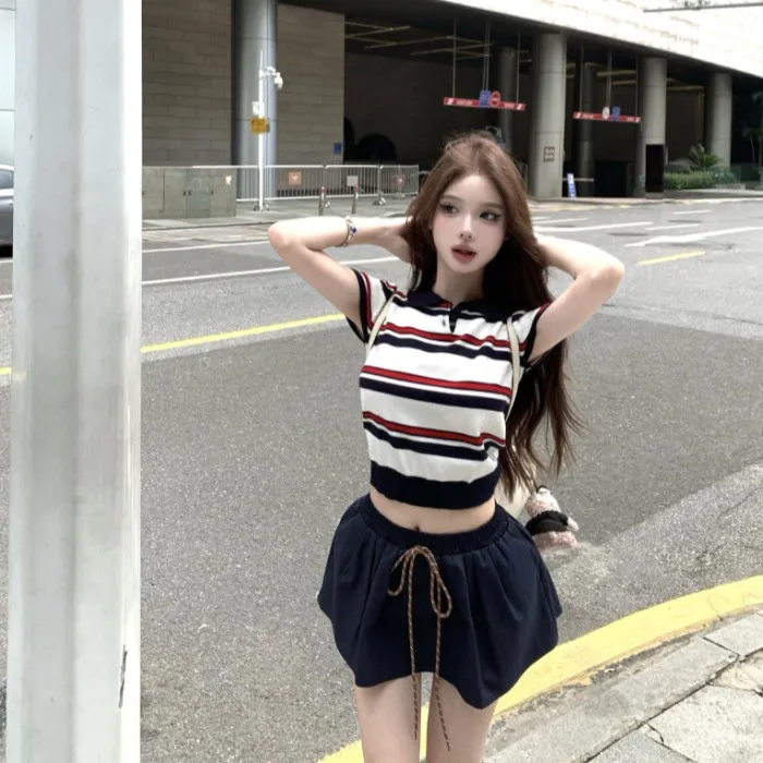 miu系条纹polo领针织短袖T恤女装夏季设计感短款上衣半身短裙套装