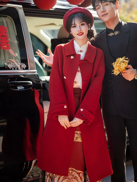 秋冬本命年红色大衣新中式中长款毛呢订婚结婚敬酒服回门便服外套