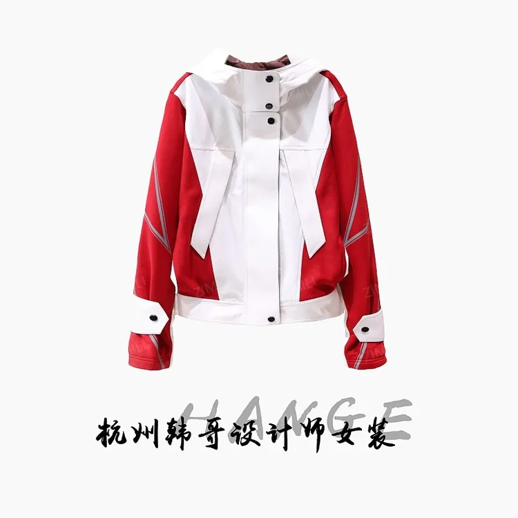 【韩哥女装】2025潮酷感红白拼色线条时装连帽冲锋衣外套5068-B0