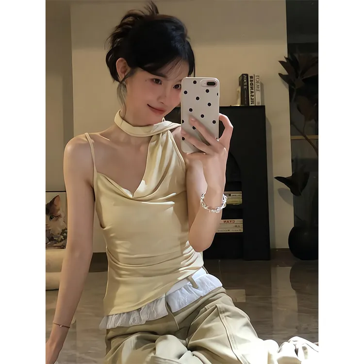 2025新款女士夏季不规则挂脖修身显瘦吊带背心上衣高腰宽松阔腿裤