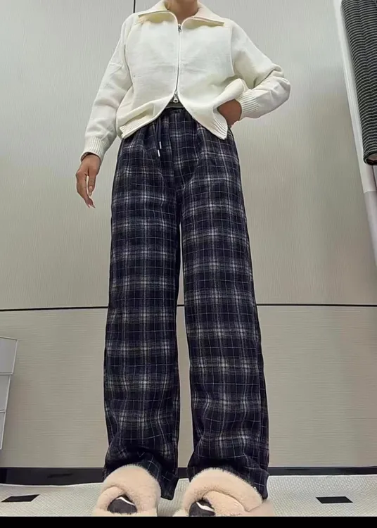 2025新款格子阔腿兔毛裤青少年女孩高腰升级软兔毛直筒裤加绒