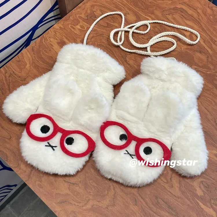 可爱眼镜兔毛绒手套女冬季2025新款加绒加厚保暖骑行防风防寒学生