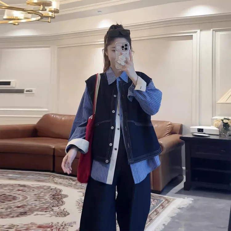 设计感叠穿牛仔马甲女2025初秋圆领无袖短外套宽松背心外搭坎肩潮