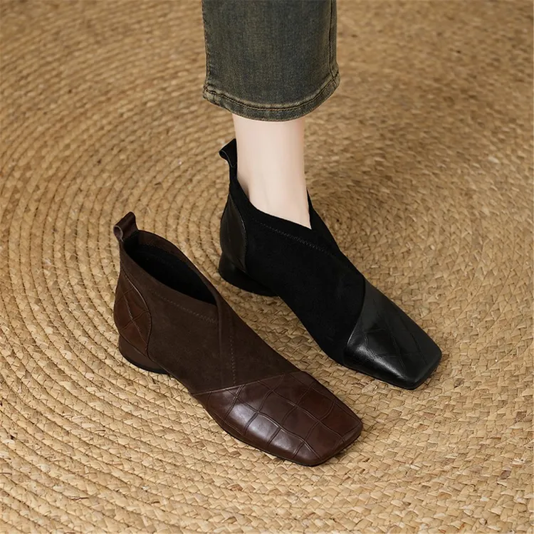 巨好穿英伦风拼接弹力小短靴女2025新款真皮方头及裸靴低跟瘦瘦靴