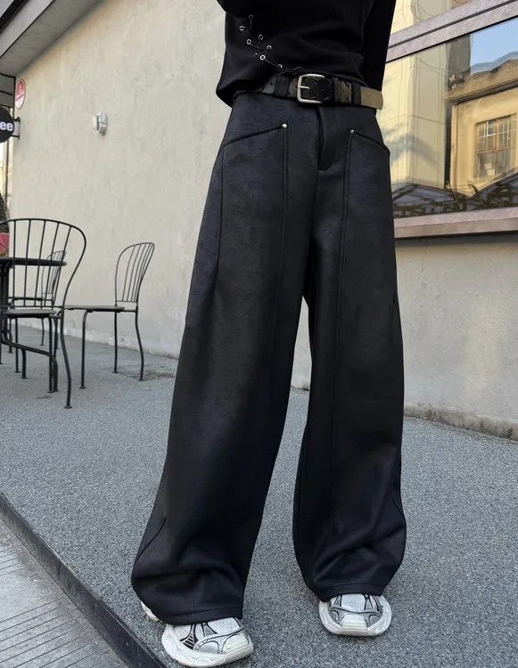 邓蕾婷【百搭王者】冬季新款加绒复古高腰宽松直筒休闲百搭阔腿裤