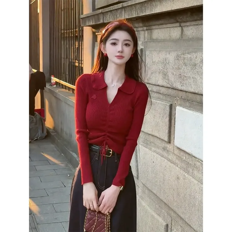 秋冬女装高级感洋气纯欲过年洋气红色毛衣打底针织衫内搭翻领上衣