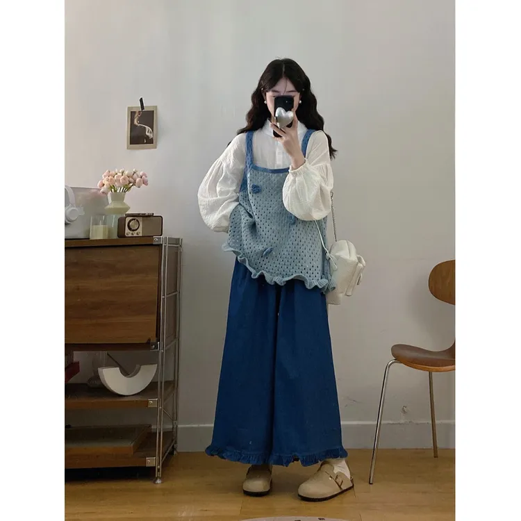 叽咕大码套装女2025秋季复古花朵针织背心+长袖衬衫+阔腿裤三件套