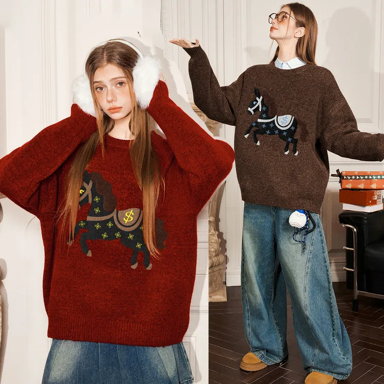 【含羊毛/马年限定毛衣】MBD小恶魔小马红色圆领针织衫宽松百搭毛衣