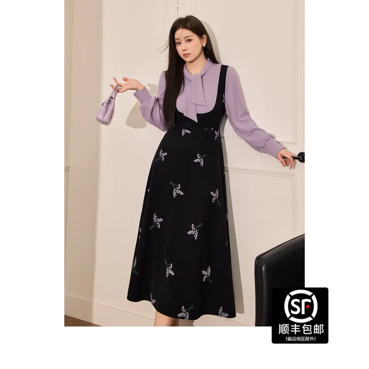 蓝语大码女装法式气质假两件梨形身材连衣裙秋季收腰遮肚子打底裙