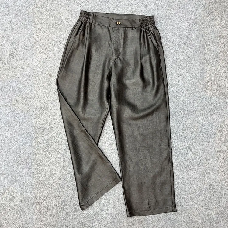 黑胶绸直筒裤100%桑蚕丝老料香云纱裤子新中式女装窄版直筒长裤女