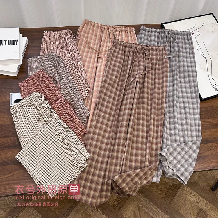 (慵懒风纯棉格纹家居裤)春秋复古格子休闲宽松薄款可外穿睡裤W