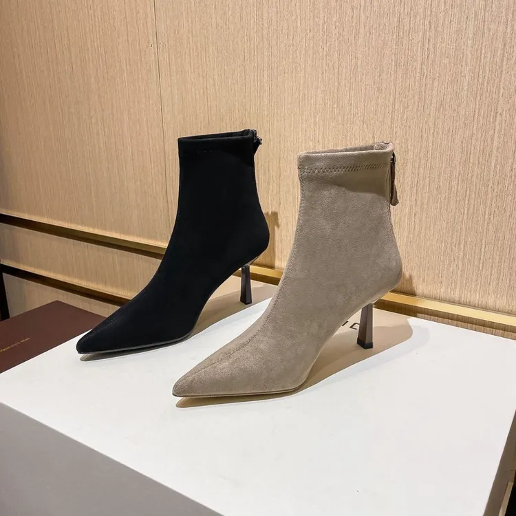 2025秋新款黑色高跟短靴女瘦瘦靴细跟尖头百搭短筒小众设计感单靴