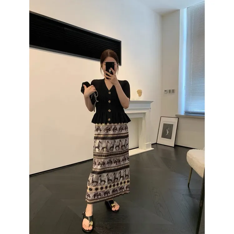 2025夏季新款韩版时尚松紧腰时尚动物印花大象长颈鹿后开叉半身裙
