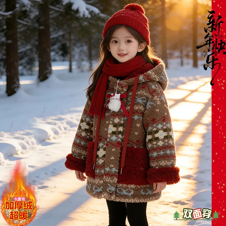 女童红色双面穿圣诞棉服秋冬季2025新款中大儿加绒加厚羊羔绒外套