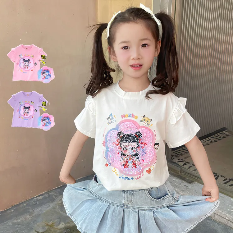 女童T恤夏季哪吒亮片双面变图案飞袖甜美可爱棉质女孩短袖上衣潮