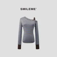 3-SMILEME【清水涟漪】桑蚕丝韩系斜肩撞色条纹长袖针织衫R5376100