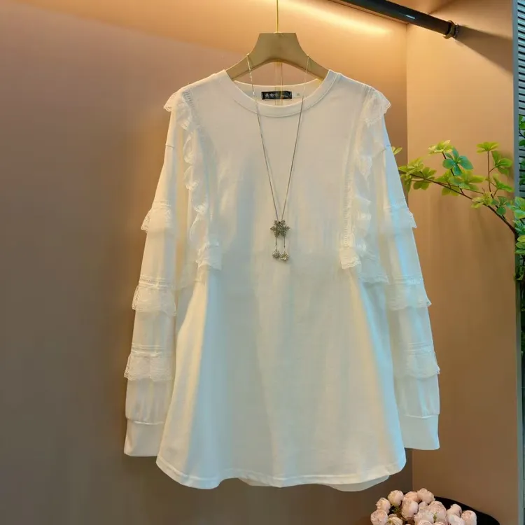 新款拼接蕾丝花边气质韩版时尚显瘦遮肉宽松上衣（衣长78左右）