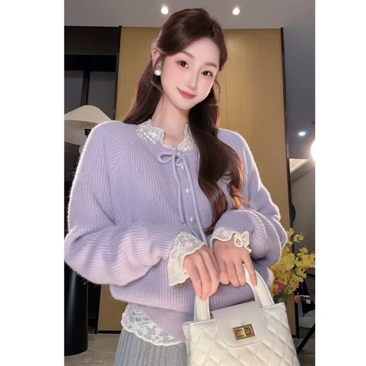 不起球 甜美温柔风系带珍珠扣水毛毛针织开衫女法式毛衣外套