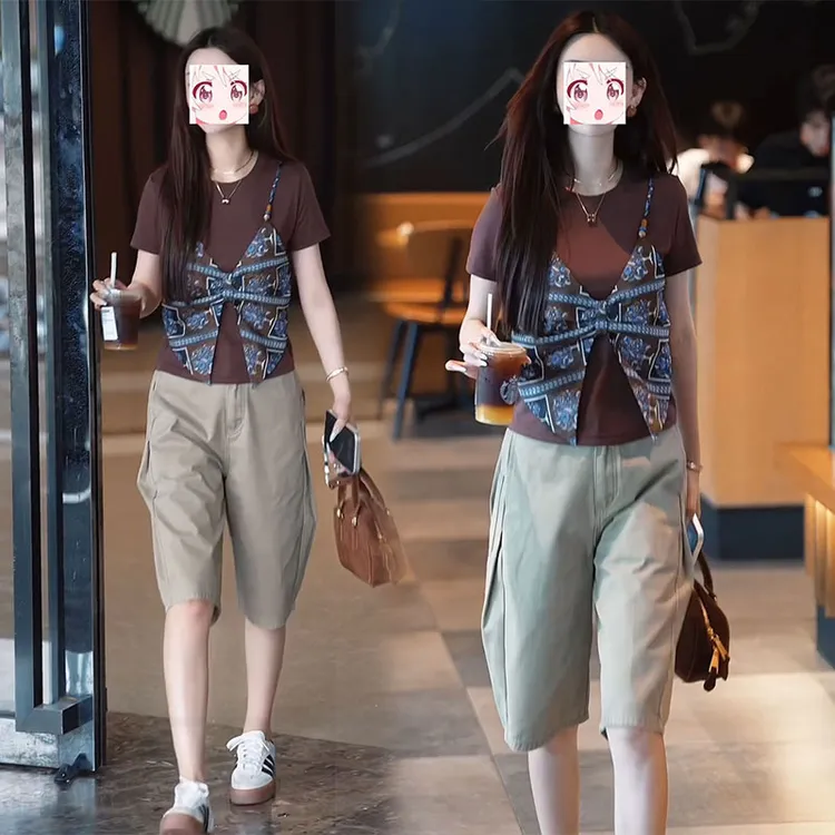 2025年夏季潮流小个子气质穿搭一整套复古假两件短袖T恤直筒短裤
