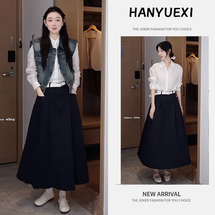 今年流行穿搭一整套2025新款百搭衬衫牛仔马甲外套半身裙三件套潮