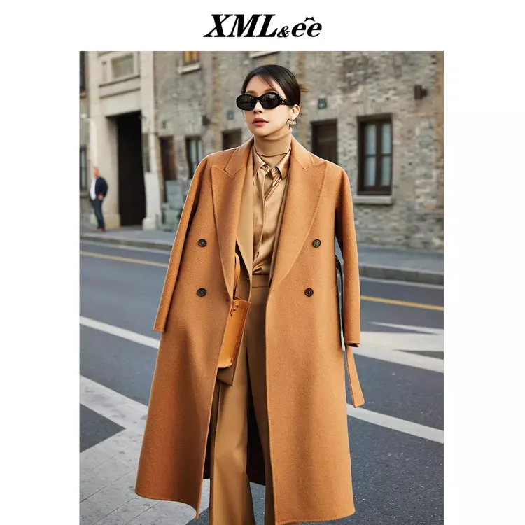 XMLee艾米尔 秋冬驼色100%驼绒双面毛呢大衣外套 X243D1032