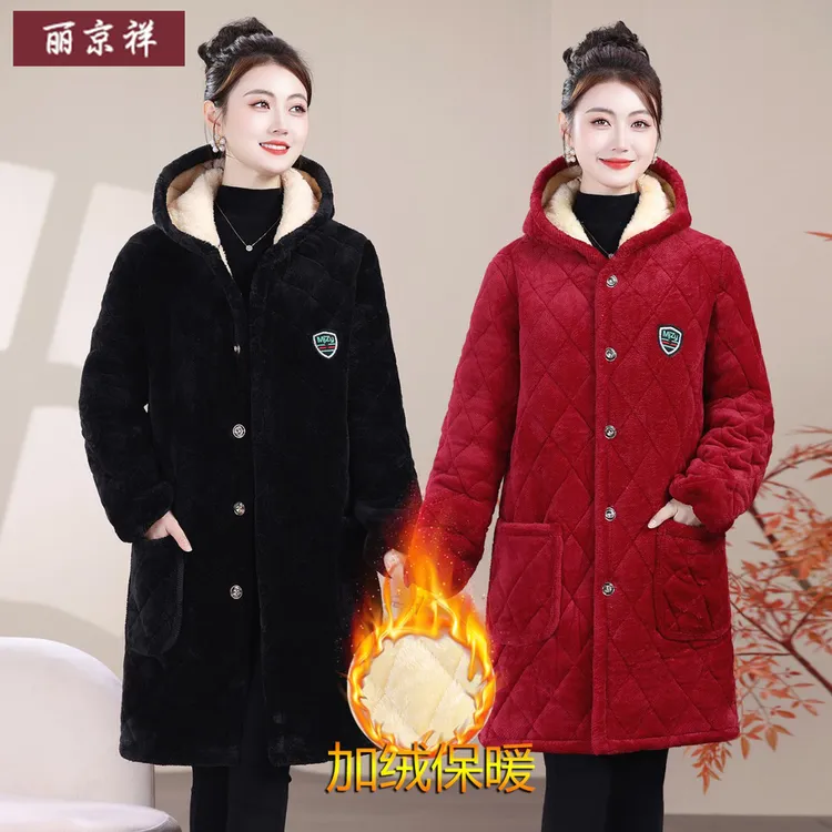 冬季三层加绒加厚罩衣妈妈外套中老年保暖棉袄大码中长款连帽棉服