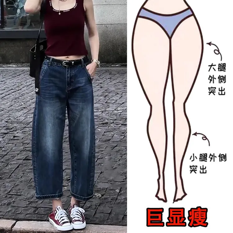 2025秋冬新款大码女装高腰哈伦牛仔裤梨形身材显瘦九分窄版阔腿裤