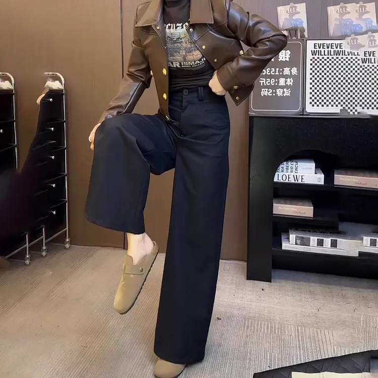 极简黑色西装裤女秋冬新款高腰显瘦气质时尚百搭日常通勤阔腿裤子