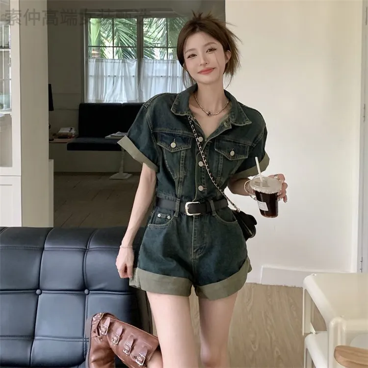 甜酷牛仔连体裤港风卷短裤夏季复古收腰显瘦阔衣裤套装连体裤法式