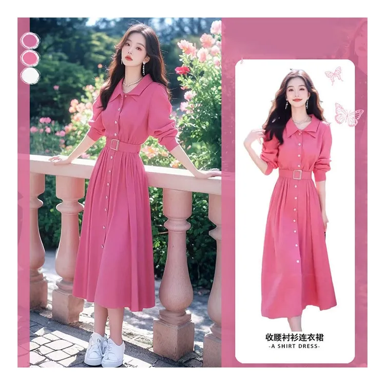 春季女装2025年新款多巴胺御姐气质名媛收腰衬衫连衣裙显瘦长裙