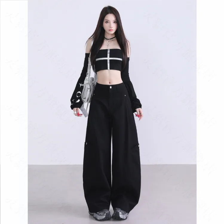 黑色显瘦工装休闲裤女2025秋季新款老钱风设计宽松直筒阔腿弯刀裤