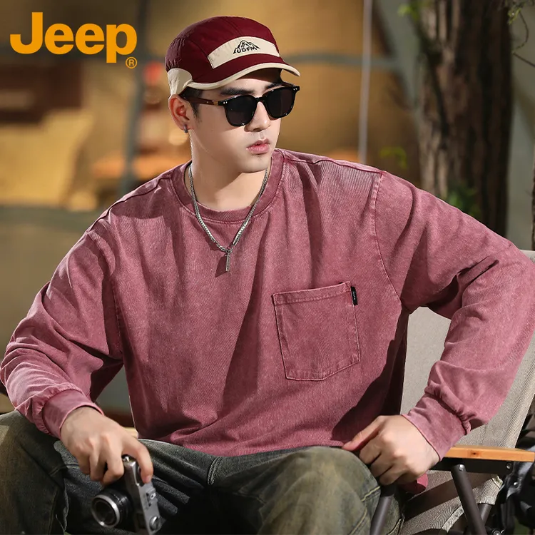 JEEP/吉普红色卫衣男士春秋款水洗做旧美式复古有口袋长袖T恤外套