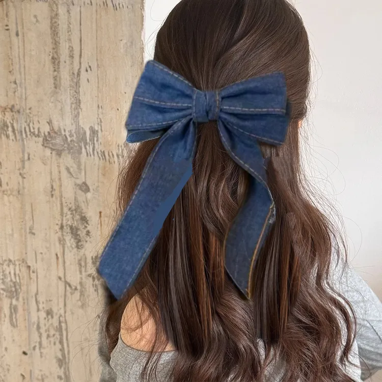 韩系时髦牛仔蝴蝶结飘带发夹鸭嘴夹简约高级后脑勺清新甜美发夹