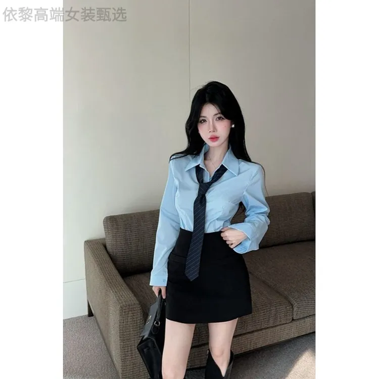 设计感收腰领带长袖衬衫女夏季新款时尚高腰黑色包臀半身裙两件套
