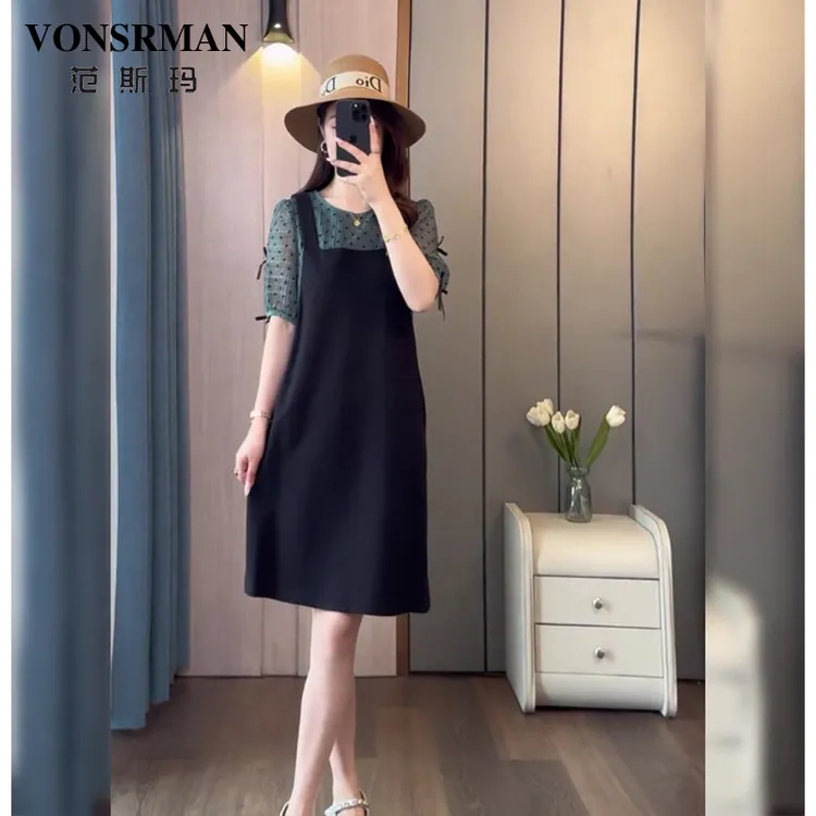 大码假两件连衣裙女2025夏季新款胖mm显瘦设计感气质轻熟黑色裙子