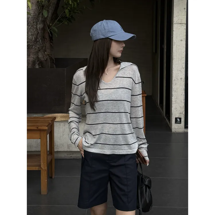 【艾利斯顿】“莱赛尔天丝”极简设计感撞色条纹慵懒长袖防晒上衣1801