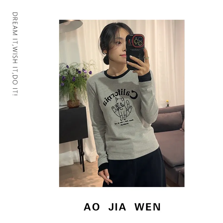 【佳文定制】植绒猫咪撞色长袖打底衫T恤1612