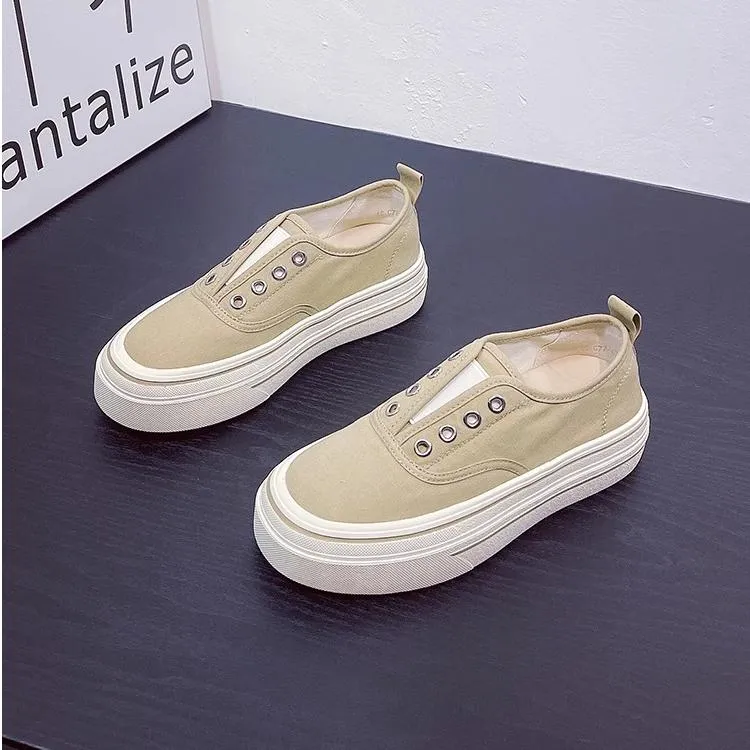爆款厚底一脚蹬帆布鞋女2025夏新款透气百搭休闲无系带小白鞋板鞋
