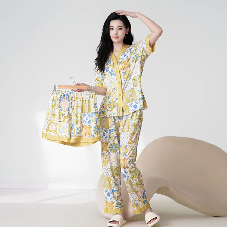 奢莱蔻太阳花云朵睡衣宝宝棉女夏季可外穿短袖长裤短裤三件套