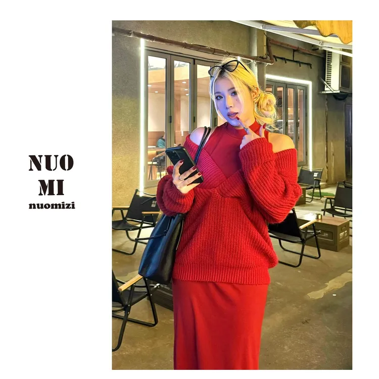 ZOZ糯米子[日常私服]慵懒V领毛衣外套女秋季显瘦收腰连衣裙两件套