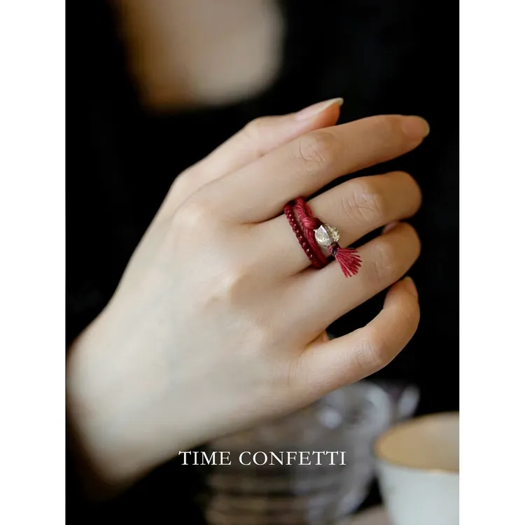 非金属布艺戒指 【孙二娘】红绳-百搭精致棉绳珠珠套装戒指TC 12209