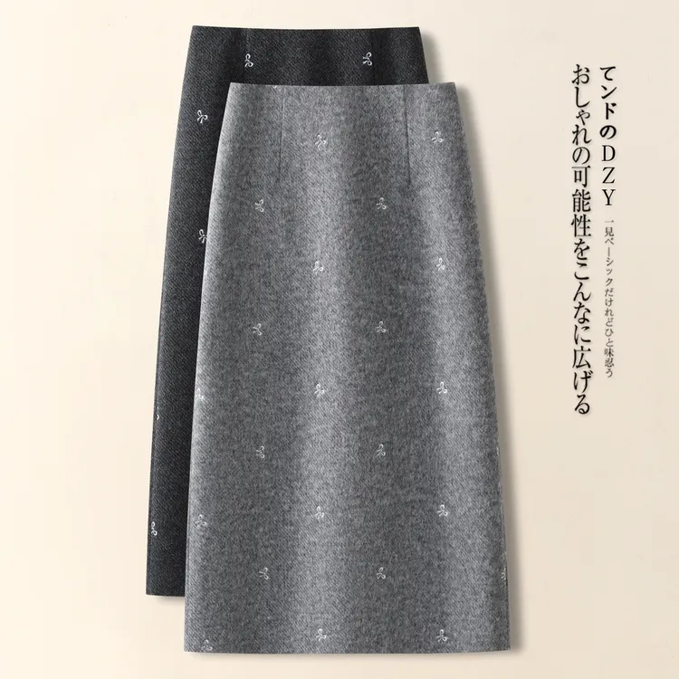 超好看羊毛半身裙女秋冬2025新款蝴蝶结刺绣毛呢a字直筒包臀裙子