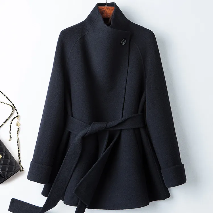 赫本风立领中长款双面呢藏青大衣女高端气质宽松小个子羊毛呢外套