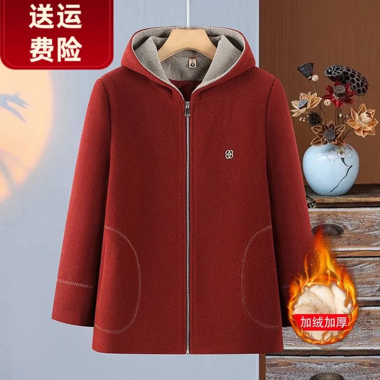 2025新款时尚加厚大码毛呢中老年女装加绒中老年呢子夹克连帽秋装